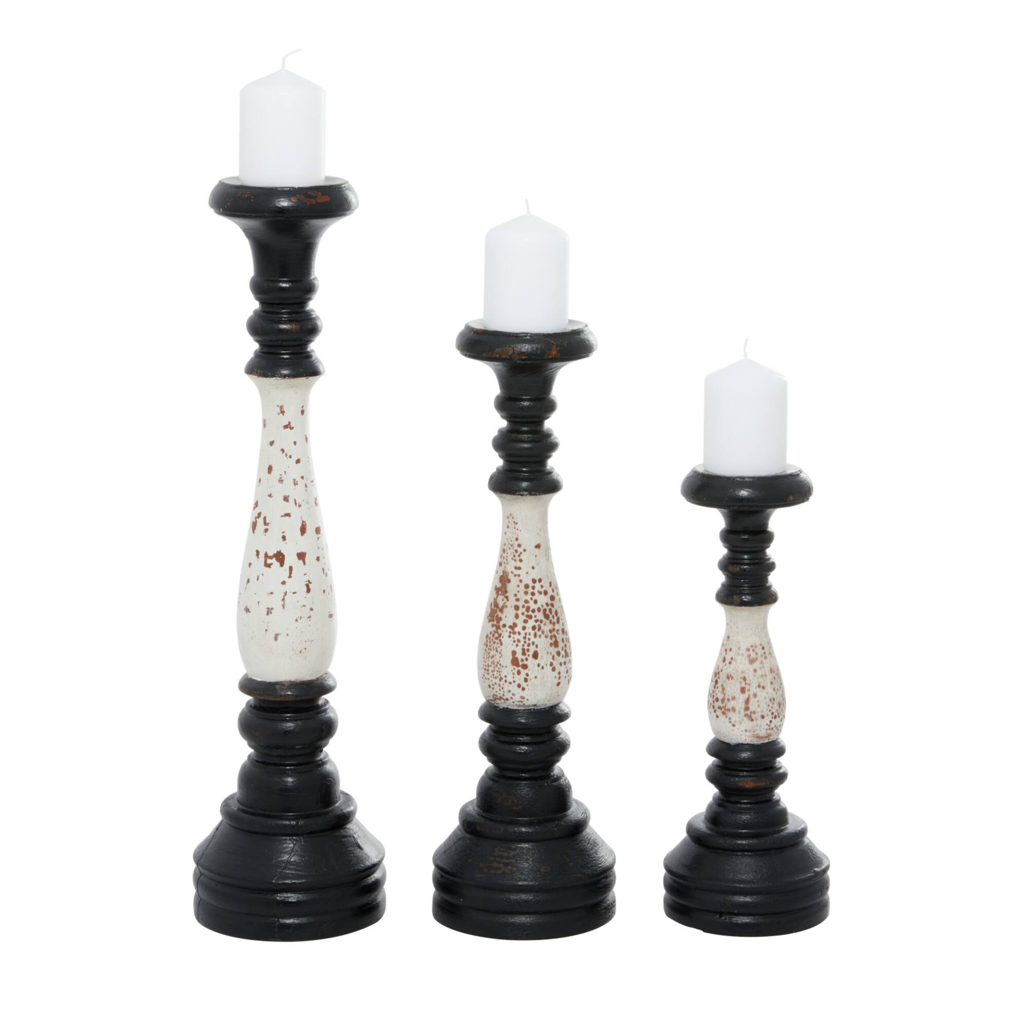 16" Black & White Wood Farmhouse Candlestick Holder Set